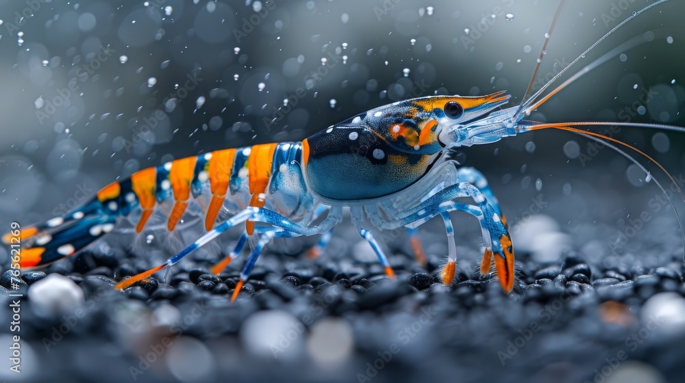  A macroscopic image reveals a vividly colored shrimp perched atop dark stones, surrounded by splashing droplets