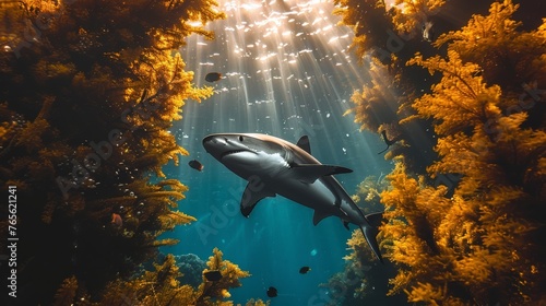  An image of a shark swimming in the ocean, surrounded by seaweed and various marine creatures in the background © Jevjenijs