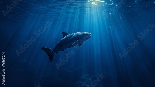  A shark swims beneath water  sunlight filtering through its background