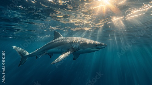  A great white shark dives beneath water, sunlight filtering above