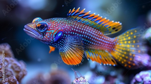  A fish in an aquarium, colorfully captured, with coral foreground and background water