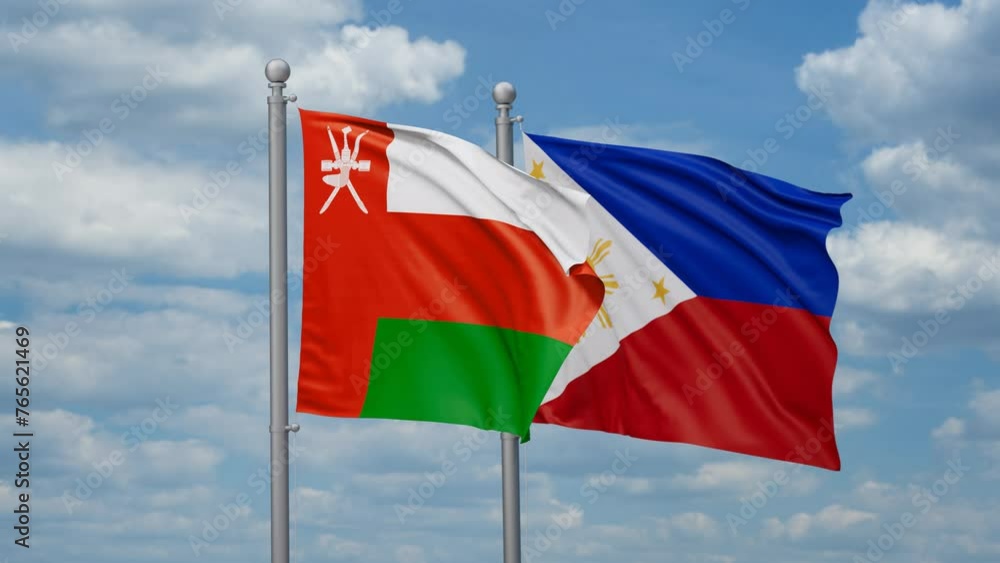 Philippines and Oman two flags waving together, looped video, two country cooperation concept Philippines and Oman two flags waving together, looped video, two country cooperation concept