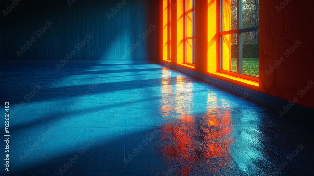  A room with a large window and a red light streaming in from it, illuminating a blue floor