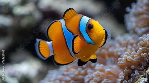  A macro of a neon-colored clownfish perched on a coral amidst two anemones
