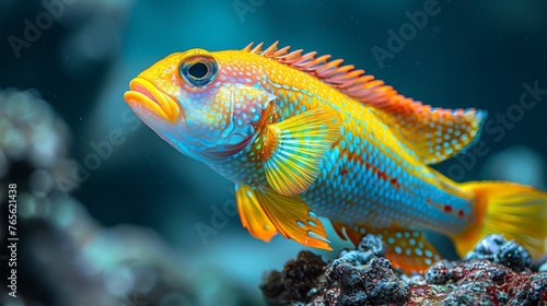  Close-up photo of a vibrant blue-yellow fish amidst colorful coral and clear water backdrop