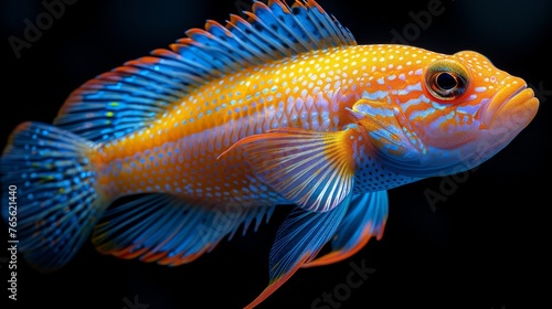  Close-up of blue-yellow fish on black background, blurred light background