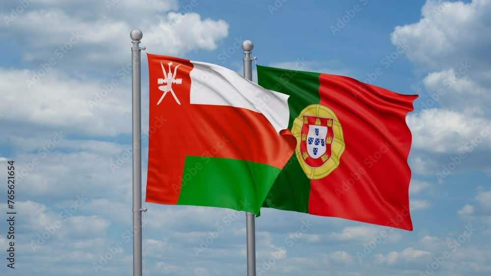 Portugal and Oman two flags waving together, looped video, two country cooperation concept Portugal and Oman two flags waving together, looped video, two country cooperation concept