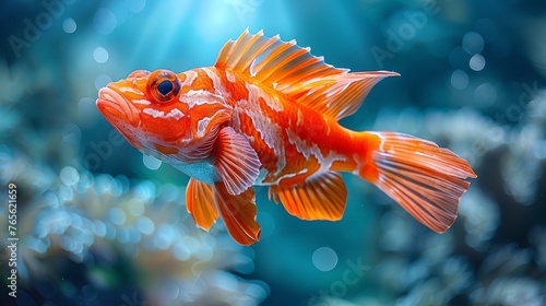  A high resolution image of a goldfish in a tank with sunlight illuminating its backside from above, providing ample detail for use in graphic design or printing