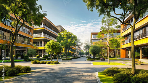 Green Urban Housing and Park Landscape, Modern City with Blue Sky, Europe and Asia Residential Development
