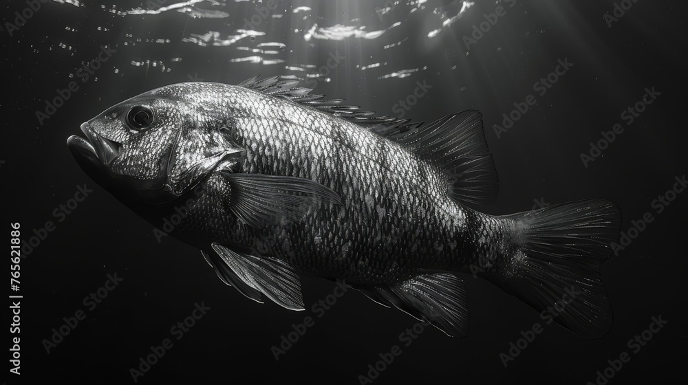  A B/W photo shows a fish in water under a shining backlight - obrazy, fototapety, plakaty 