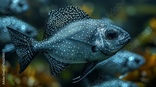  A close-up image of a fish swimming in a school of fish, with one fish having distinctive spots on its body © Jevjenijs