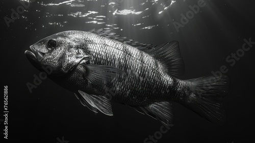  A B/W photo shows a fish in water under a shining backlight photo