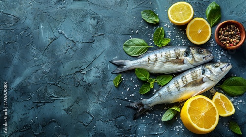  A pair of fish atop a table with lemons & additional cuisine nearby photo