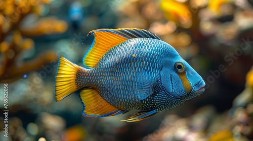 a blue and yellow fish, magnified, surrounded by vibrant aquatic life in a spacious tank