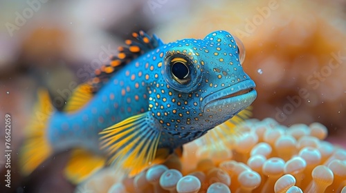  A macro shot of a vibrant blue-yellow fish swimming past an orange-white sea anemone in an aquarium