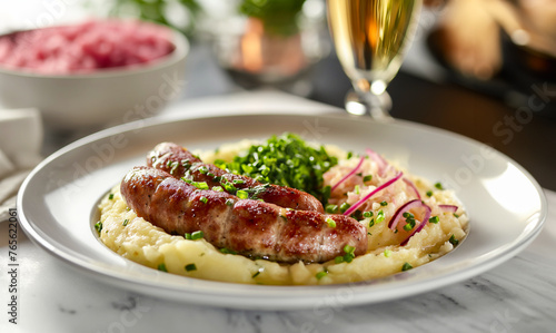 tasty and spicy grilled sausages, bangers and mash on a festive table