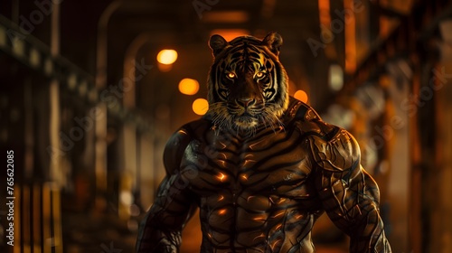 Powerful tiger stalking through a gloomy urban alley at night,conveying a sense of primal danger and supernatural intensity