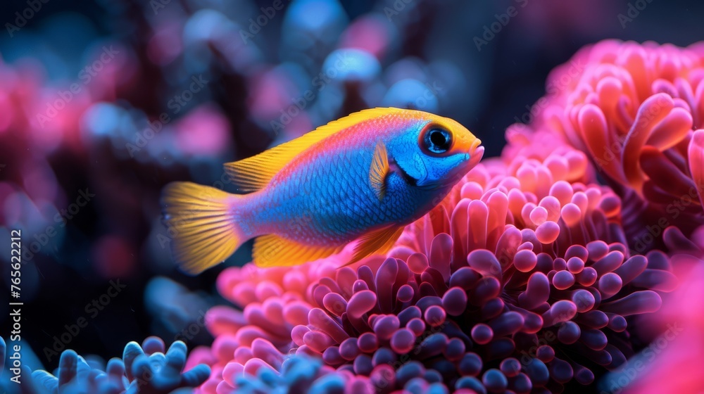 A blue and yellow fish perched atop a pink sea anemone in the ocean A blue and yellow fish perched atop a pink sea anemone in the ocean