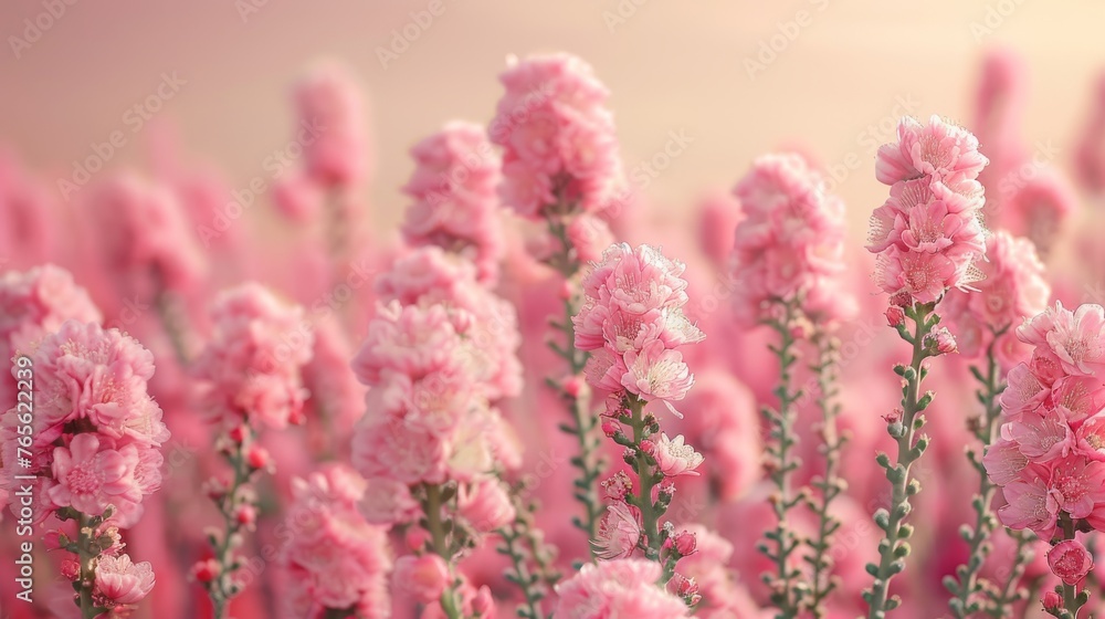  A pink field of flowers against a blurry pink sky with the photo of the flowers in focus in the foreground