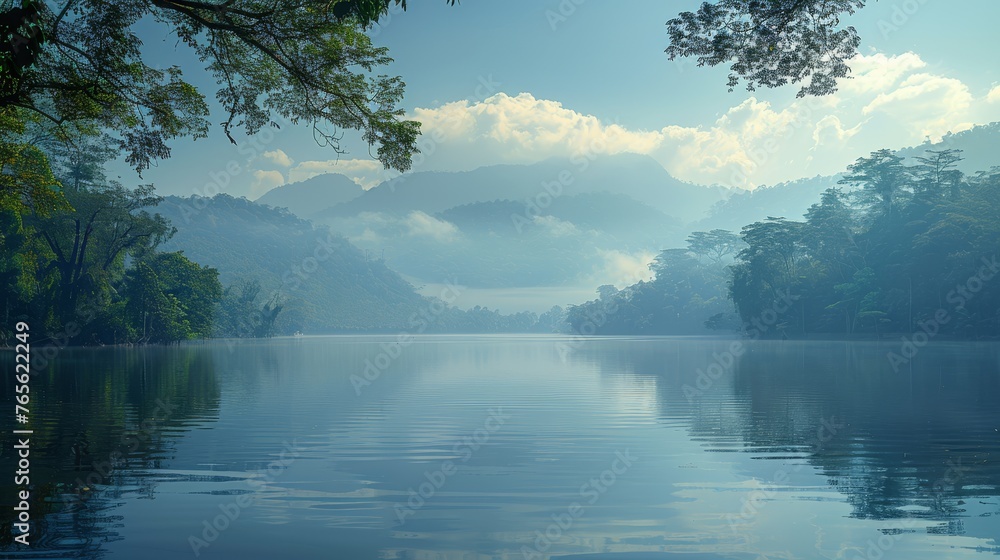 A serene lake nestled amidst tall green foliage and framed by majestic mountains, capped with fluffy white clouds above A serene lake nestled amidst tall green foliage and framed by majestic mountains, capped with fluffy white clouds above