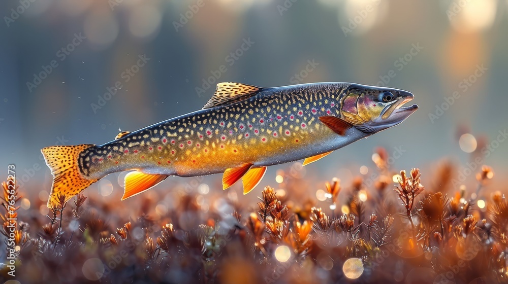 Flying fish over grass and flowers, drops of water on its wings Flying fish over grass and flowers, drops of water on its wings