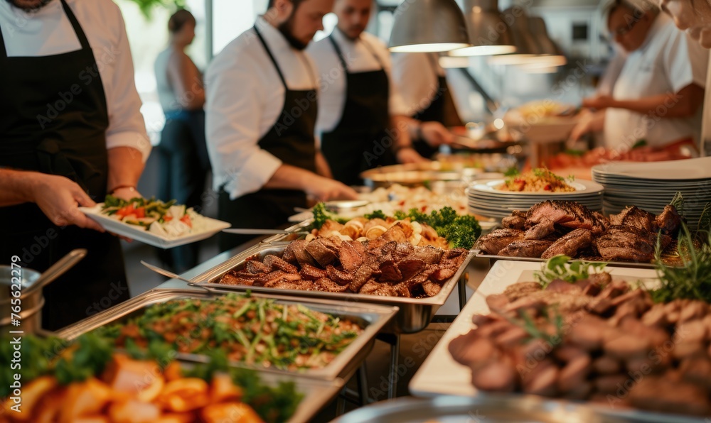 Obraz premium People hands on catering buffet food with grilled meat and fresh vegetables. Hands picking a delicious food