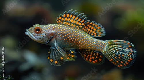  A fish with orange spots on its body in a close-up, with a black body