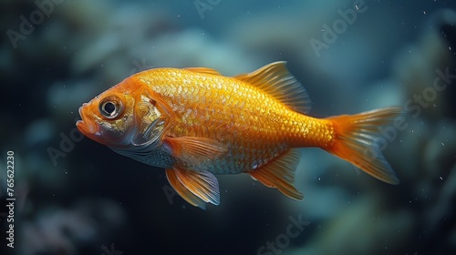  A close-up photo of a goldfish swimming in an aquarium, surrounded by other fish and rocks in the backdrop