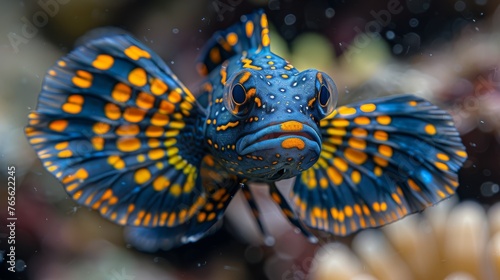   a blue-yellow fish  adorned with orange dots and surrounded by vibrant coral