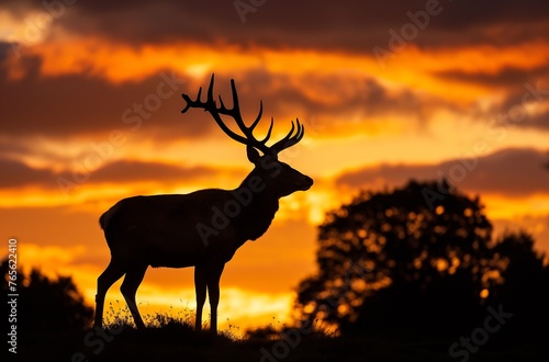 Silhouette of a majestic stag standing in the grass, trees on either side, low angle shot, golden hour lighting, backlit, sunset © haallArt