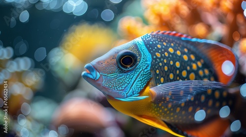  A blue-yellow fish, close to coral, water background