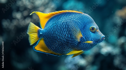  A close-up photo of a blue and yellow fish against a dark blue and black backdrop, with additional fish visible in the background