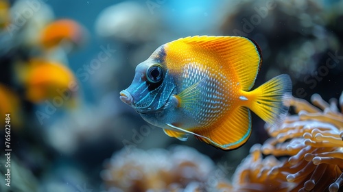  a blue-yellow fish on coral with surrounding orange-white fish