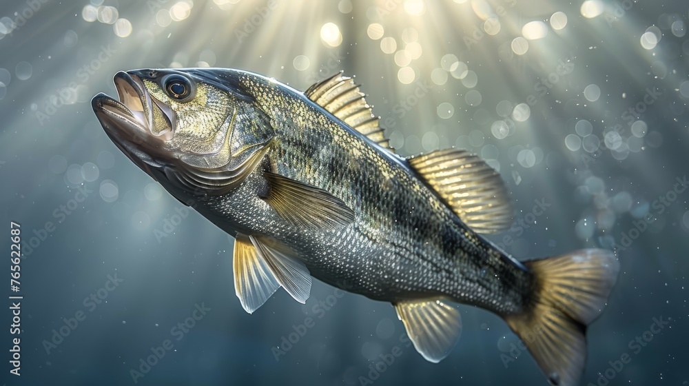 A large fish floating in water with sunlight illuminating its sides A large fish floating in water with sunlight illuminating its sides