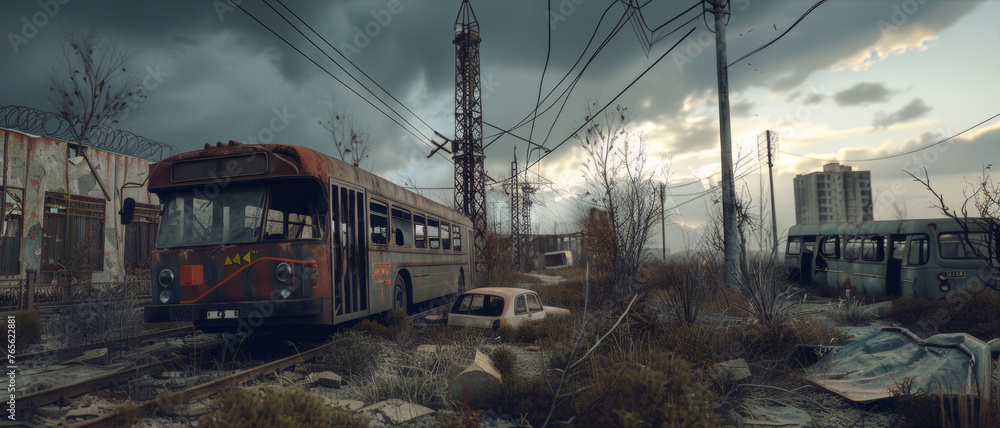 Moody post-apocalyptic scene with a derelict tram and overgrown tracks ...
