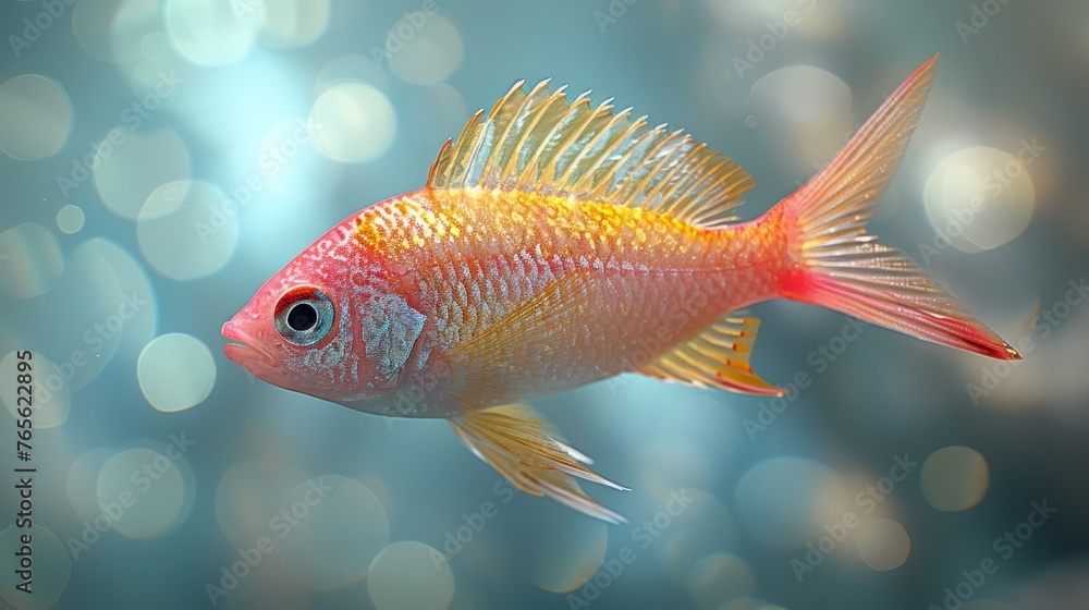 A close-up of a red and yellow fish with a blurry background behind it and a slightly blurred background in the distance A close-up of a red and yellow fish with a blurry background behind it and a slightly blurred background in the distance