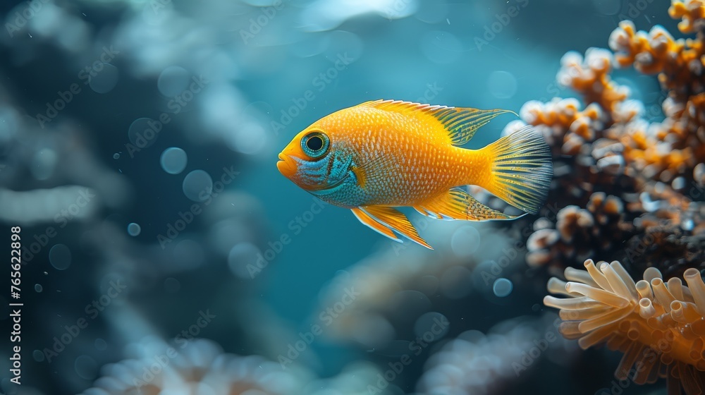 A close-up shot of a fish swimming near coral with surrounding sea anemones in the background A close-up shot of a fish swimming near coral with surrounding sea anemones in the background