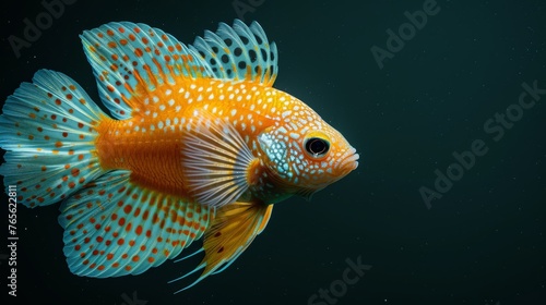  Yellow, blue fish on black background with white dots
