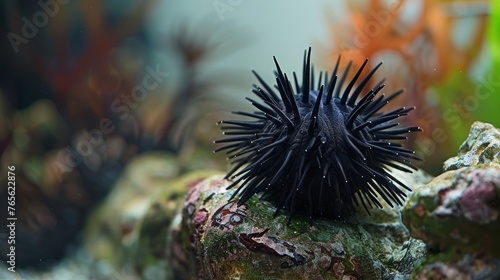  A macro photo of a sea urchin on a rock amidst coral reefs in an aquarium © Jevjenijs
