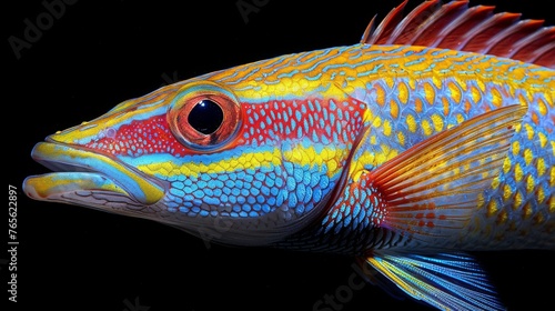  A vivid photo of a brightly colored fish swimming on a black backdrop, with its reflection mirrored in its eyes