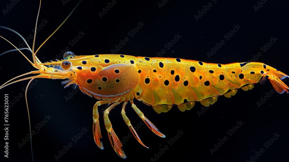  A macro of a yellow-black crustacean with spots & spindly appendages