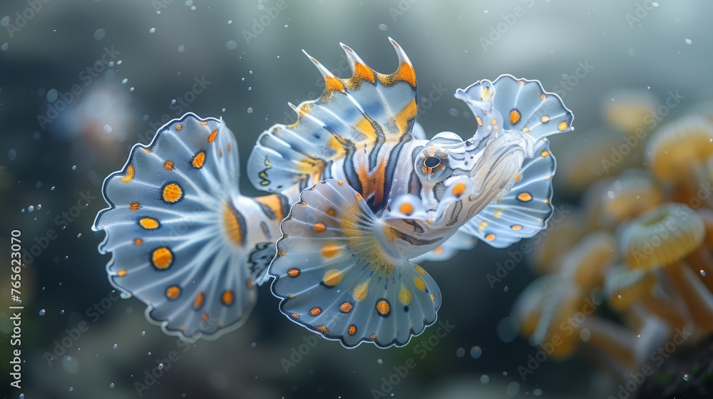 A close-up of a fish with orange spots on its body, and a yellow-spotted fish in the background A close-up of a fish with orange spots on its body, and a yellow-spotted fish in the background