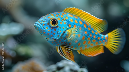 A macro of a neon fish with dots on its body against a dark canvas