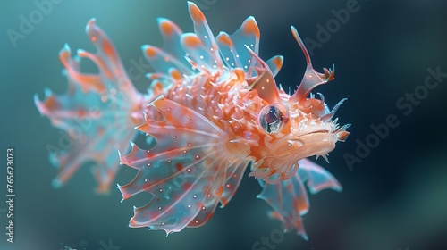  Orange-blue fish in sharp focus, water droplets, blurry background
