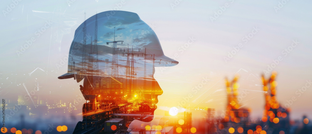 An industrial future envisioned with a double exposure of a worker and construction site.