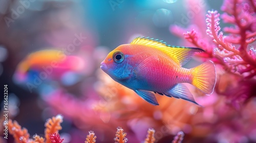  A tight shot of a fish swimming amidst vibrant coral reefs