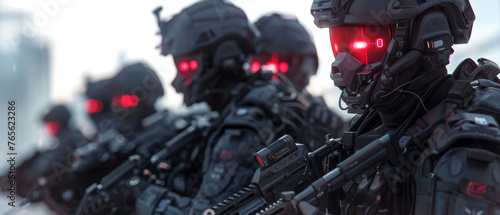 Futuristic soldiers with glowing red visors lined up in a show of intimidating strength. photo