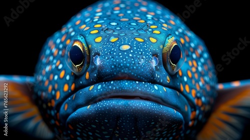  A detailed image of a blue fish displaying yellow and orange spots on its face against a dark background photo