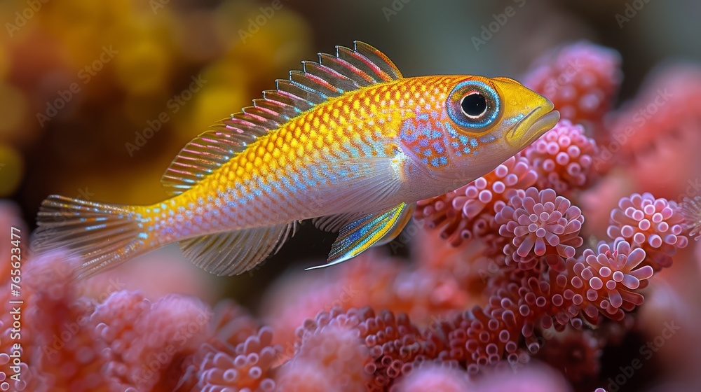 A detailed photo of a single fish resting on colorful coral, surrounded by additional coral formations and clear water A detailed photo of a single fish resting on colorful coral, surrounded by additional coral formations and clear water