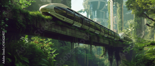 A sleek, modern train glides through a lush green forest with futuristic city backdrop.